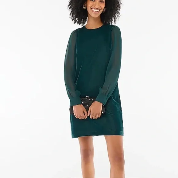 Nwt j crew velvet‎ green sheer sleeves long sleeve dress - Picture 2 of 13
